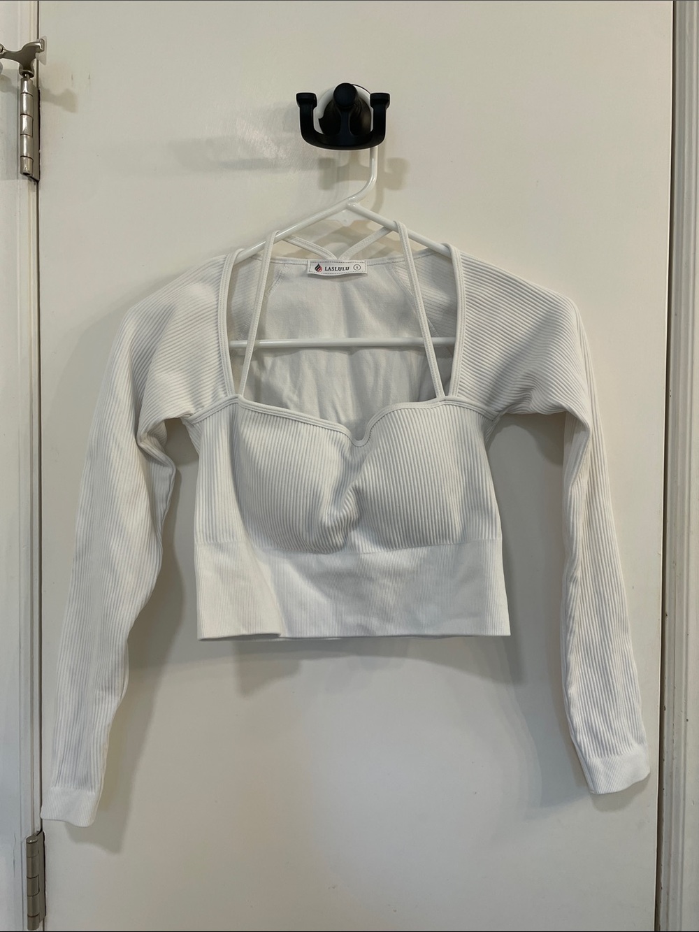 LASLULU White Ribbed Cropped Long Sleeve Top